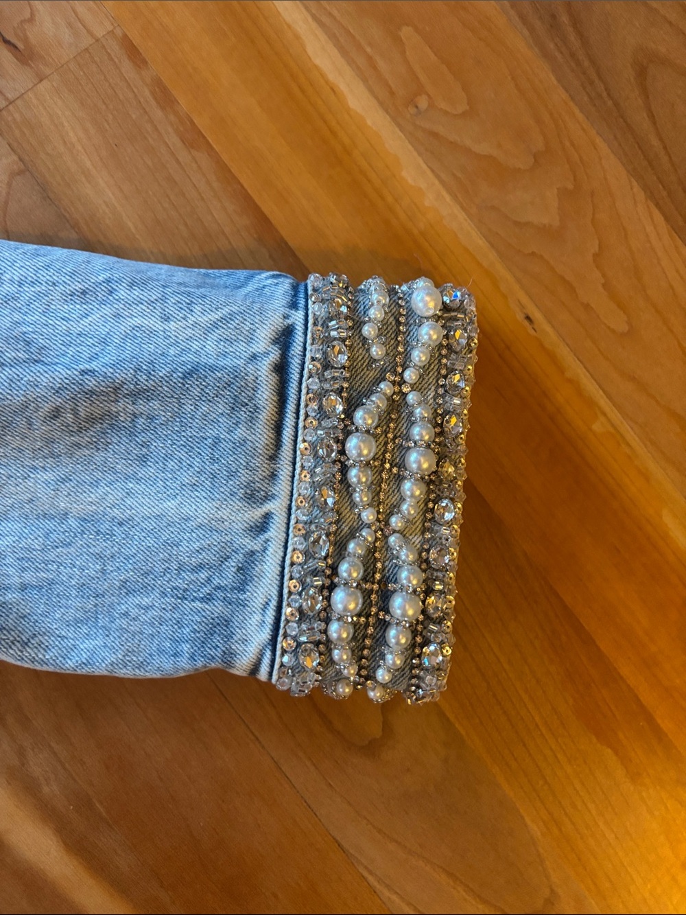 Alice + Olivia Light Blue Pearl-Embellished Denim Jacket - Picture 9 of 16